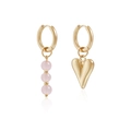 Detail of asymmetrical gold earrings featuring pink beads and a 3D heart pendant - Asymmetric Beaded Heart Earrings (ZW854)