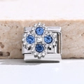 Italian modular charm bracelet link featuring blue crystal flower on silver stainless steel - Deep Blue Flower Style (MK-3116)