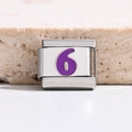 Italian charm bracelet link in stainless steel with purple enamel number six detail - Purple Number 6