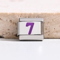 Macro detail of Italian charm bracelet link with purple number 7 on stainless steel base - Purple Number 7
