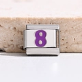 Macro detail of Italian charm link featuring a purple number 8 on stainless steel - Purple Number 8