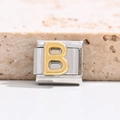 Polished stainless steel Italian charm link with a 3D gold embossed letter B detail - Letter B