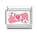 Italian charm stainless steel link featuring pink bandage and heart pattern - Heart Band-Aid Healing Style (MK-3159)