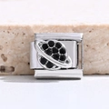 Italian charm link featuring a silver saturn planet design with black sparkling stones - Saturn Planet Style (MK-3123)