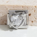 Close-up of silver modular heart charm with clear cubic zirconia for DIY bracelets - Heart Zirconia with Star (MK-1445)