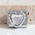 Macro view of Italian charm link with silver metal base and clear heart-shaped gemstone - Vintage Rope Edge Heart (MK-1446)