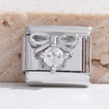 Italienisches Charm-Glied aus Edelstahl mit polierter Schleife und Zirkonia-Stein - Schleife Zirkonia Stil (MK-2653)