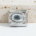 Macro view of silver modular charm link with oval crystal and vintage woven metal frame - Clear Oval Stone Woven (MK-1225)