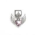 Italiaanse bedelarmband met roze hartvormige edelsteen en zilveren engelenvleugel hanger - Zilveren Vleugels Roze Hart (MKDZ-041)