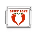 Italian charm link in stainless steel featuring Spicy Love text and chili heart design - Spicy Love Chili Style (MK-3156)