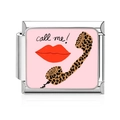 Italian charm link with pink lips and call me text on polished stainless steel - Leopard Phone CALL ME Style (MK-3160)