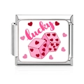Italian charm link in stainless steel with pink lucky text and heart dice design - Lucky Heart Dice Style (MK-3161)