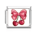 Italian modular charm link in stainless steel featuring pink heart and cherry patterns - Heart Bow Cherry Style (MK-3163)