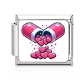Italian charm link featuring pink pill with leaking hearts in polished stainless steel - Heart Overflowing Capsule Style (MK-3164)
