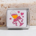 Italian modular charm in silver stainless steel with white enamel and pink wine glass - Bow Goblet Style (MK-1400)