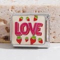 Italian charm link with LOVE lettering and red strawberry enamel on stainless steel - LOVE Strawberry Style (MK-1396)