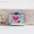 Italian modular charm in stainless steel featuring red heart and blue stars enamel - Stars and Hearts Style (MK-2036)