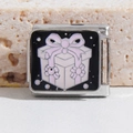 Italian modular charm in stainless steel featuring a white gift box with pink bow - Gift Box Style (MK-1391)