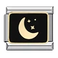 Italiaanse modulaire charm van roestvrij staal met gouden maan en sterren op zwart email - Maan & Ster Patroon