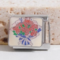 Italian charm link with red rose bouquet and blue ribbon on white enamel stainless steel - Rose Bouquet Style (MK-1395)