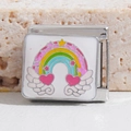 Italian modular charm bracelet link featuring rainbow, stars, and pink hearts on silver metal - Rainbow Wings Star Heart Style (MK-1402)