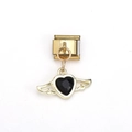 Italian charm bracelet link in gold finish with a winged black heart gemstone pendant - Black Heart Angel Wings Style (MKDZ-048)