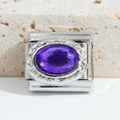 Maillon italien avec cristal ovale violet et cadre argenté texturé au style vintage - Gemme Violette Vintage (MK-1214)