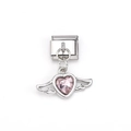 Italiaanse armband bedel met roze kristallen hart en zilveren engelenvleugels link - Zilveren Vleugels Lichtroze Hart (MKDZ-047)
