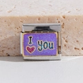 Maillon italien en acier inoxydable avec paillettes violettes et texte I Love You - I LOVE YOU (MK-1760)