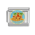 Italian charm module with tropical palm trees and sunset enamel on silver steel band - Coconut Tree Planet (MK-301) / 18K Gold