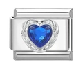 Italiaanse bedelarmband schakel met blauw hartkristal op gepolijst roestvrij staal - Donkerblauw Hart Strass (MK-155)