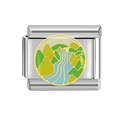 Italian charm link in stainless steel featuring a yellow mountain and blue river landscape - High Mountain Flow (MK-308) / 18K Gold