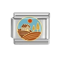 Italian charm link in blue enamel landscape scenery with gold plated stainless steel - House (MK-304) / 18K Gold