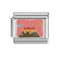 Italian charm link in stainless steel featuring pink enamel with UFO and volcano - Volcanic Eruption (MK-324) / 18K Gold
