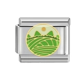 Italian charm link in polished stainless steel with sun and mountain enamel landscape - Green Ball (MK-302) / 18K Gold
