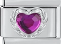 Italiaanse charm link met zilveren basis en hartvormige paarse edelsteen inleg - Paars Hart Strass (MK-154)
