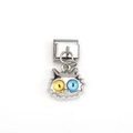 Italian charm link featuring a silver cat head pendant with blue and yellow crystal eyes - Silver Odd Eyed Cat Style (MKDZ-124)
