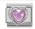 9mm stainless steel Italian charm link with pink heart crystal and braided bezel edge - Faceted Pink Heart Rhinestone (MK-161)