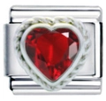 Italian modular charm featuring a red heart gemstone and twisted rope silver border - Red Heart Rhinestone Rope Pattern (MK-162)