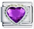 Italian charm link featuring a purple heart gemstone with twisted silver metal border - Purple Heart Rhinestone Rope Pattern (MK-163)
