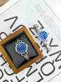 Detail of blue sunray watch dial with roman numerals and elegant wooden gift box - Deep Blue Roman Silver Case Style (WT007)