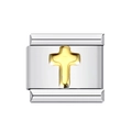 Italian charm link featuring a golden cross on a silver stainless steel square base - Gold Cross Silver Base (MKBD-166)