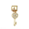 18K gold plated Italian bracelet charm featuring heart key pendant with white rhinestones - Rhinestone Heart Key Style (MKDZ-174)