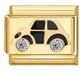 Maillon de charme italien en acier doré avec voiture ancienne noire et strass brillants - Motif Voiture Vintage en Strass (MK-2044)