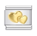 Italian charm link featuring two overlapping gold hearts on a silver stainless steel band - Gold Double Heart Charm (MKBD-190)