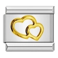Italian modular charm link in stainless steel with interlocking golden hearts design - Gold Double Heart Weave (MKBD-140)