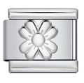 Italian modular charm link with a 3D silver flower pattern in polished finish - Silver Four Petal Charm (MKBD-179)