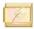 Italian charm link with pink heart and white rose detail in golden stainless steel - Pink Heart Rose Pattern (MK-485)