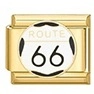 Polished gold Italian modular charm with white Route 66 emblem for charm bracelets - ROUTE 66 Highway Sign Style (MK-3033)