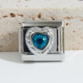 Italian charm link with heart-shaped blue crystal and textured steel border - Blue Heart Stone Relief (MK-1217)